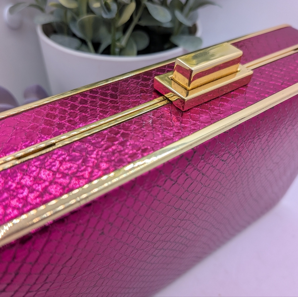Michael Kors Metallic Fuchsia Snake-Texture Box Clutch with Gold Trim - Picture 2 of 4